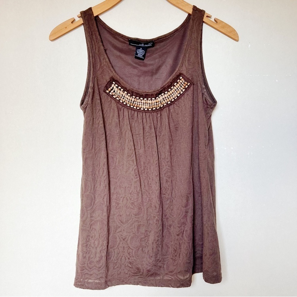 Willi Smith Brown Patterned Beaded Trim Tank Top